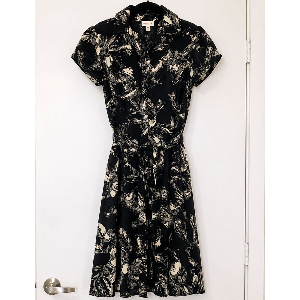 Merona Black White Floral Short Sleeve Belted A-Line Shirt Dress Size XS